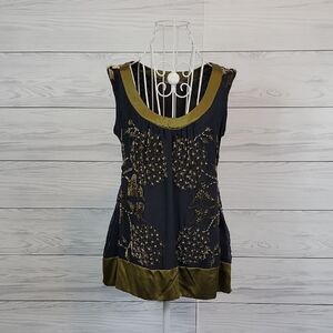 Hale Bob Silk Tunic Sleeveless Blouse - Olive Green & Black Womens Size S